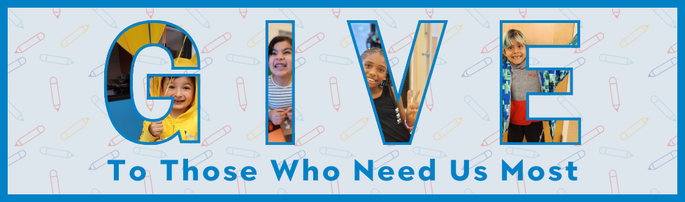Word ‘GIVE’ filled with photos of kids from Boys & Girls Clubs of Bellevue, with the phrase ‘to those who need us most’ beneath it.