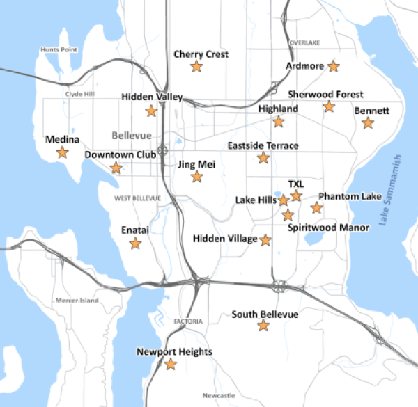 Map of Bellevue with BGCB's sites