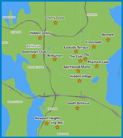 Map of Bellevue with BGCB's 15 sites